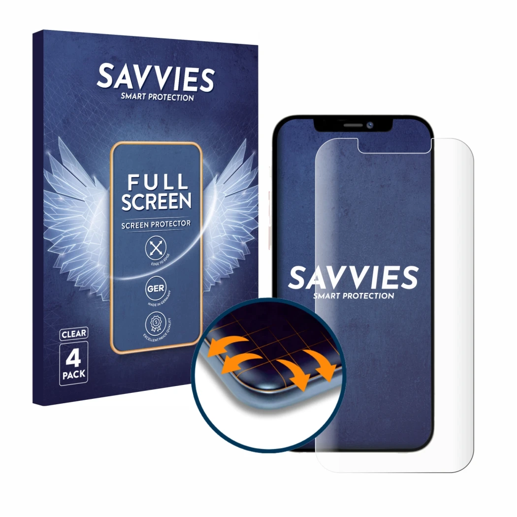 Parte frontal de un envase de producto con el logotipo de la marca Savvies. Al lado se muestra el dispositivo Apple iPhone 12 