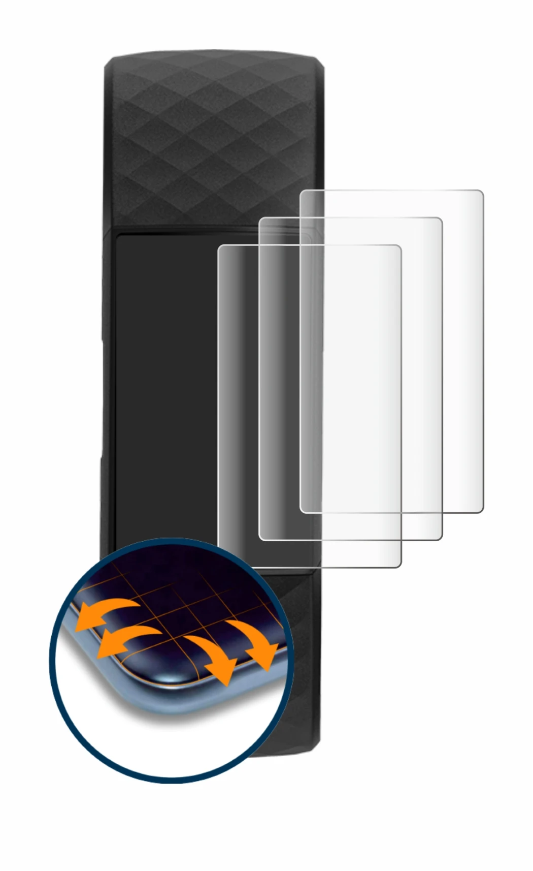 Imagen del dispositivo Fitbit Charge 4 con una amplia variedad de protectores de pantalla.