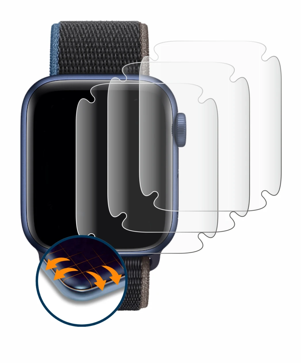 Imagen del dispositivo Apple Watch Series 6 (44 mm) con una amplia variedad de protectores de pantalla.