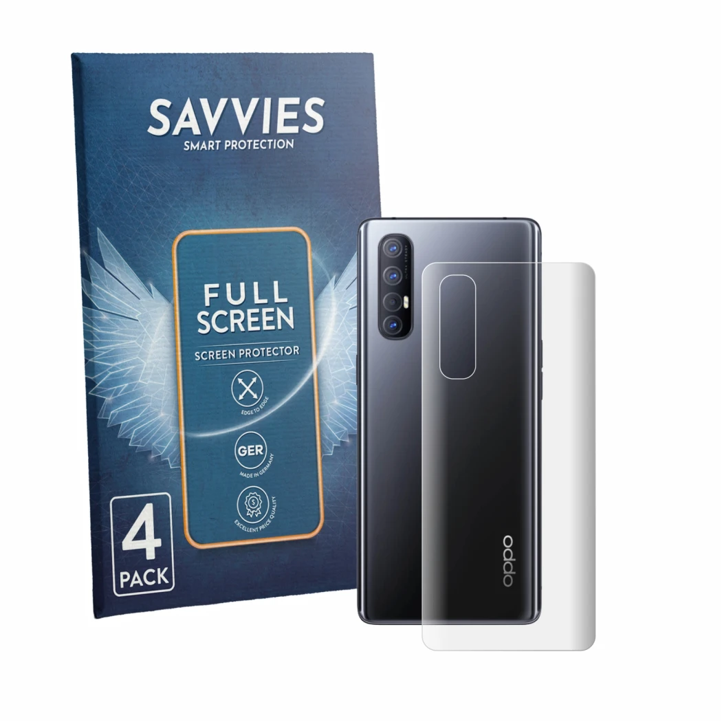 Parte frontal de un envase de producto con el logotipo de la marca Savvies. Al lado se muestra el dispositivo Oppo Find X2 Neo