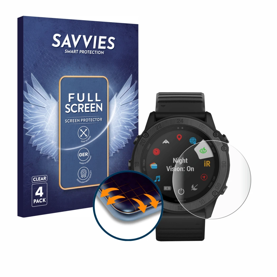 Parte frontal de un envase de producto con el logotipo de la marca Savvies. Al lado se muestra el dispositivo Garmin Tactix De
