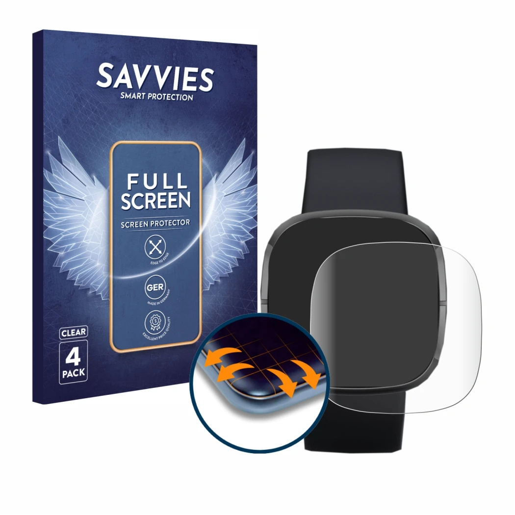 Parte frontal de un envase de producto con el logotipo de la marca Savvies. Al lado se muestra el dispositivo Fitbit Sense con