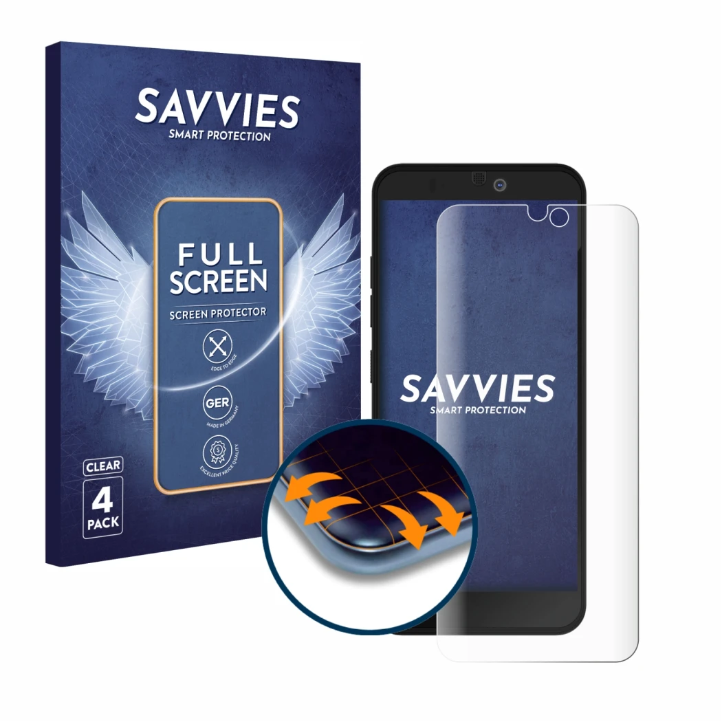 Parte frontal de un envase de producto con el logotipo de la marca Savvies. Al lado se muestra el dispositivo Fairphone 3 Plus