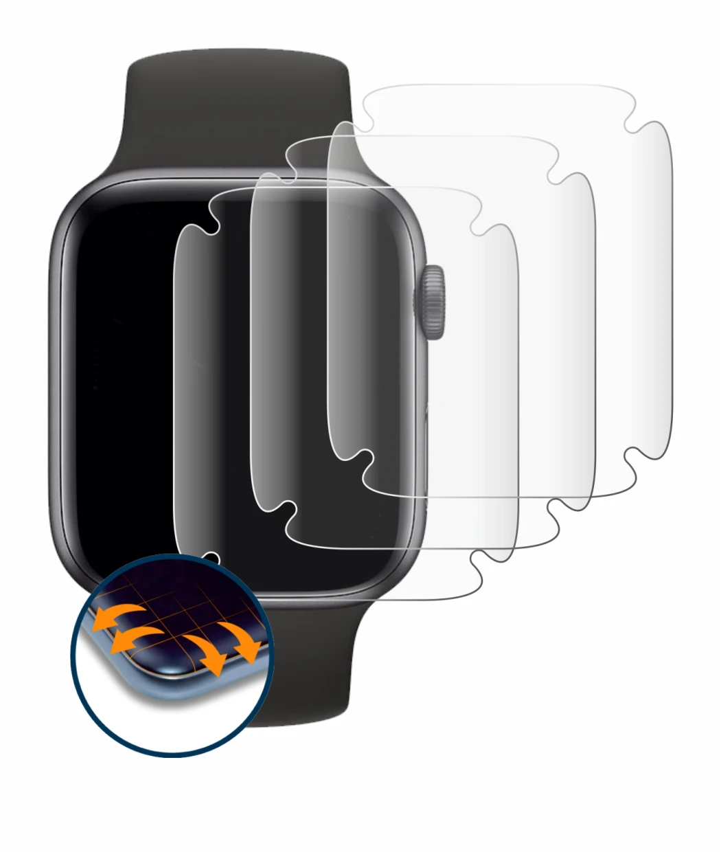 Imagen del dispositivo Apple Watch SE (44 mm) con una amplia variedad de protectores de pantalla.
