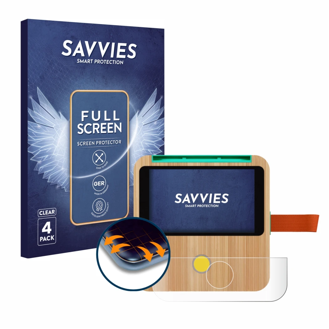 Parte frontal de un envase de producto con el logotipo de la marca Savvies. Al lado se muestra el dispositivo tigerbox Touch c