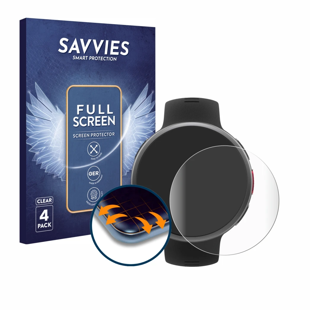 Parte frontal de un envase de producto con el logotipo de la marca Savvies. Al lado se muestra el dispositivo Polar Vantage V2