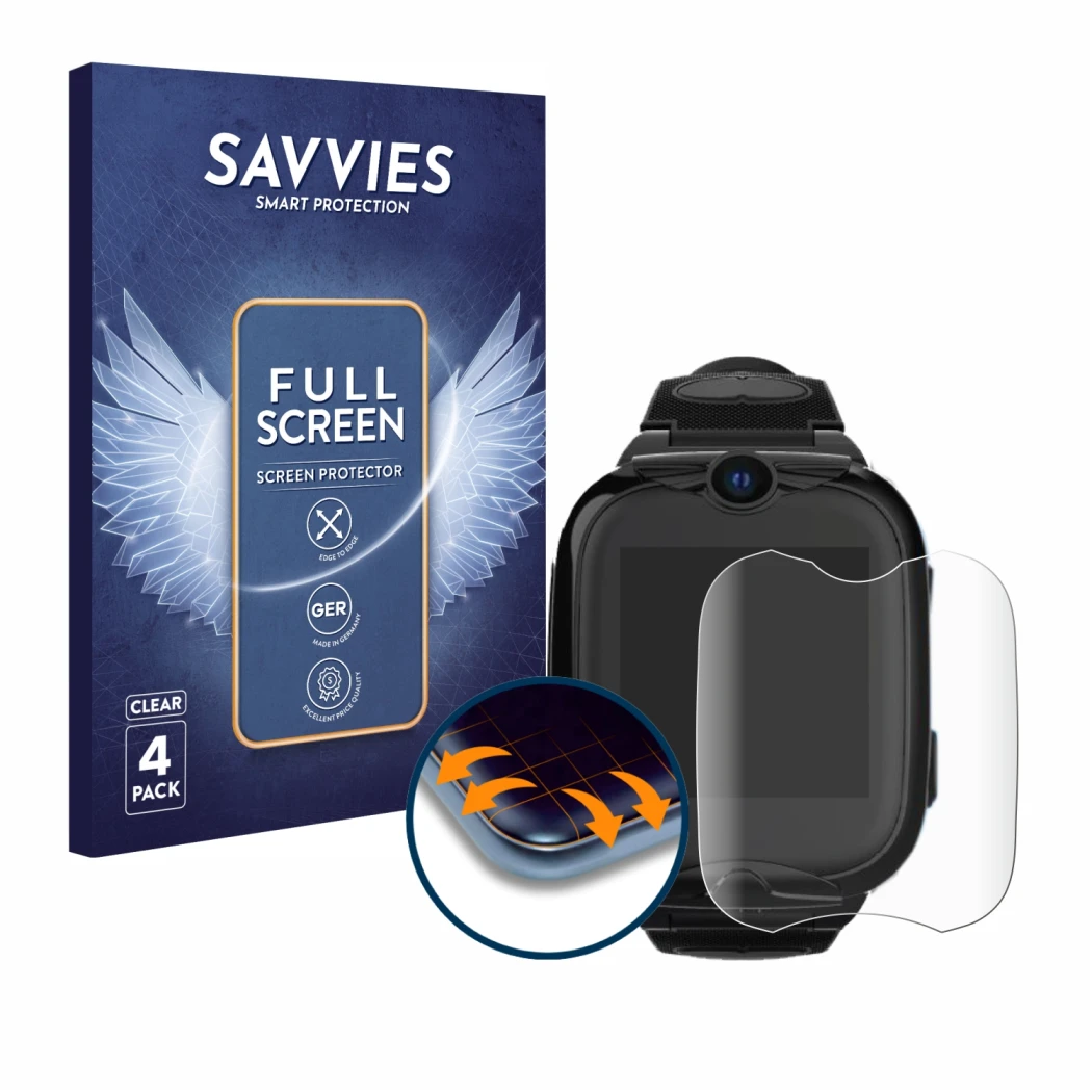 Parte frontal de un envase de producto con el logotipo de la marca Savvies. Al lado se muestra el dispositivo Xplora Go 2 con 
