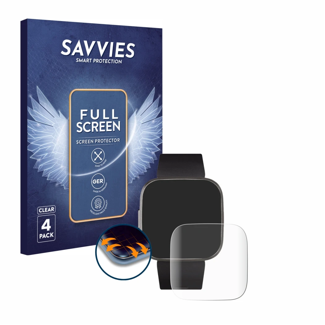 Parte frontal de un envase de producto con el logotipo de la marca Savvies. Al lado se muestra el dispositivo Fitbit Versa 2 S