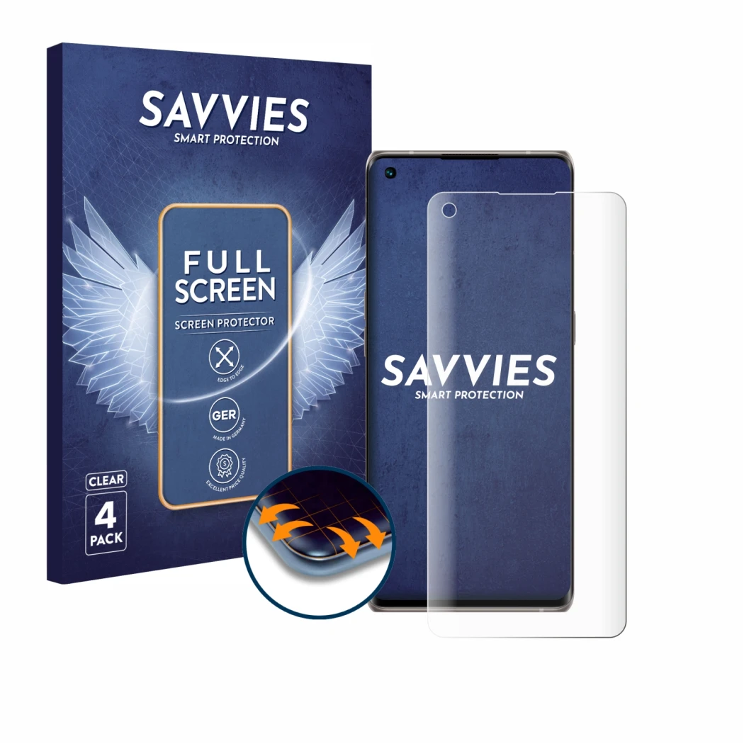 Parte frontal de un envase de producto con el logotipo de la marca Savvies. Al lado se muestra el dispositivo Oppo Find X3 Neo