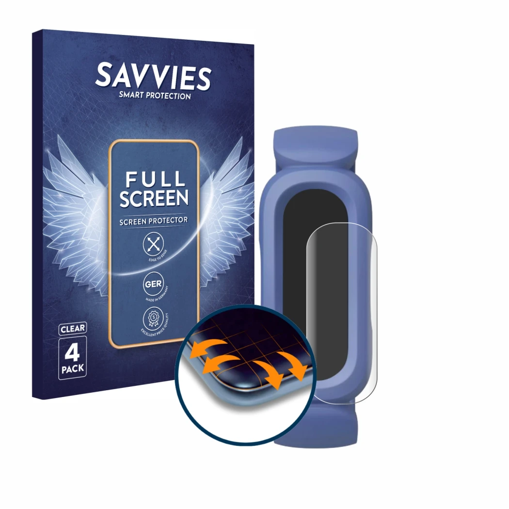 Parte frontal de un envase de producto con el logotipo de la marca Savvies. Al lado se muestra el dispositivo Fitbit Ace 3 con