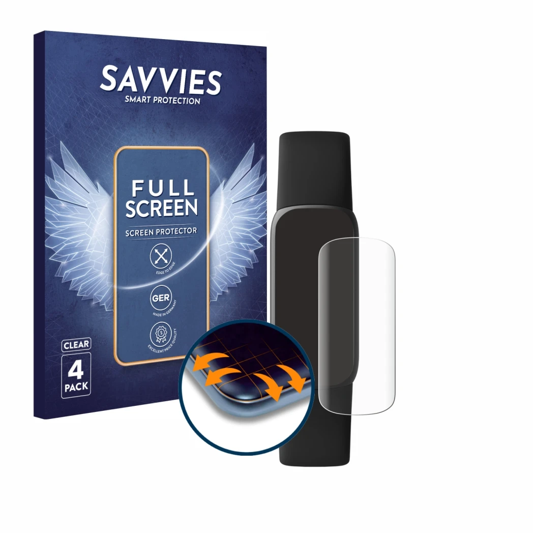 Parte frontal de un envase de producto con el logotipo de la marca Savvies. Al lado se muestra el dispositivo Fitbit Luxe con 