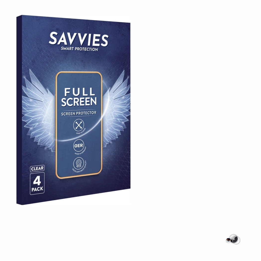 Parte frontal de un envase de producto con el logotipo de la marca Savvies. Al lado se muestra el dispositivo Apple AirTag con