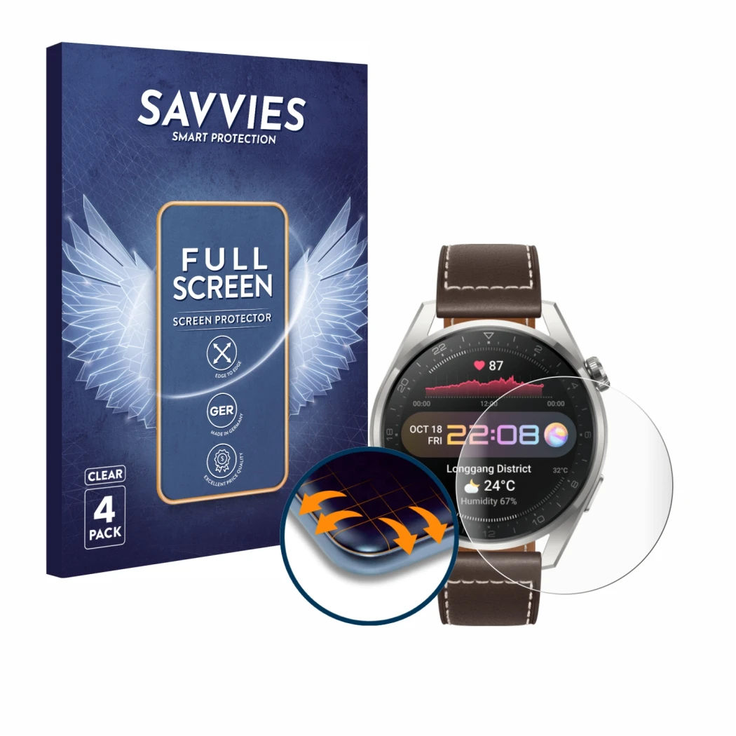 Parte frontal de un envase de producto con el logotipo de la marca Savvies. Al lado se muestra el dispositivo Huawei Watch 3 P