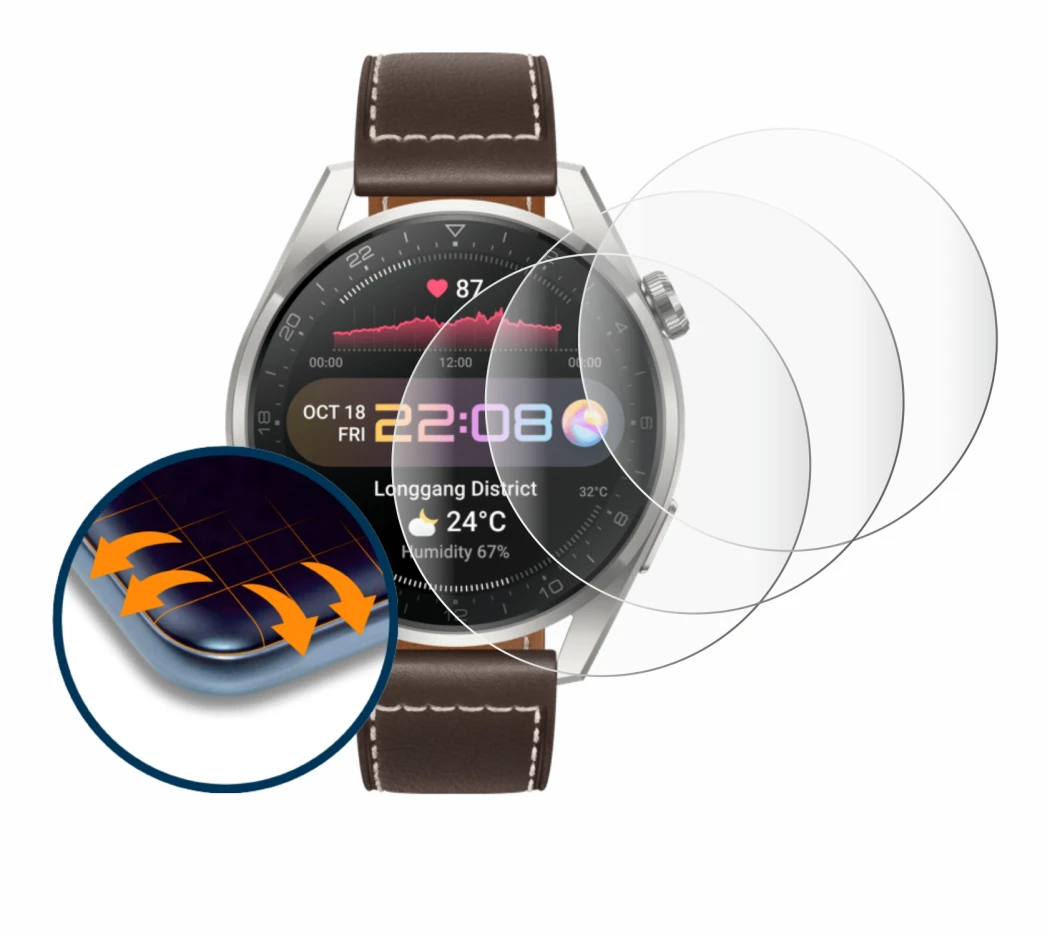 Imagen del dispositivo Huawei Watch 3 Pro con una amplia variedad de protectores de pantalla.