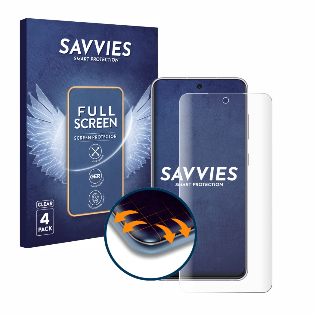 Parte frontal de un envase de producto con el logotipo de la marca Savvies. Al lado se muestra el dispositivo Samsung Galaxy S