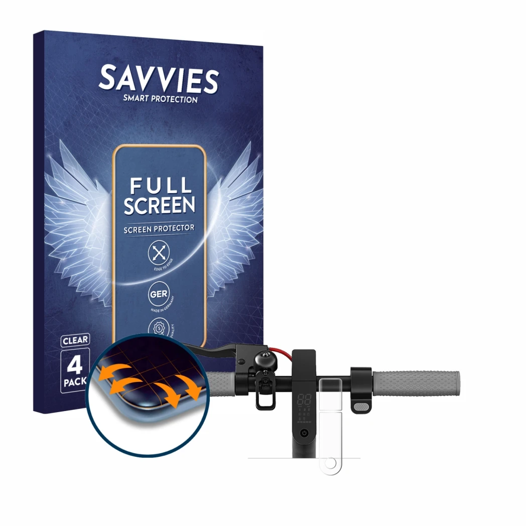 Parte frontal de un envase de producto con el logotipo de la marca Savvies. Al lado se muestra el dispositivo Xiaomi Mi Pro 2 