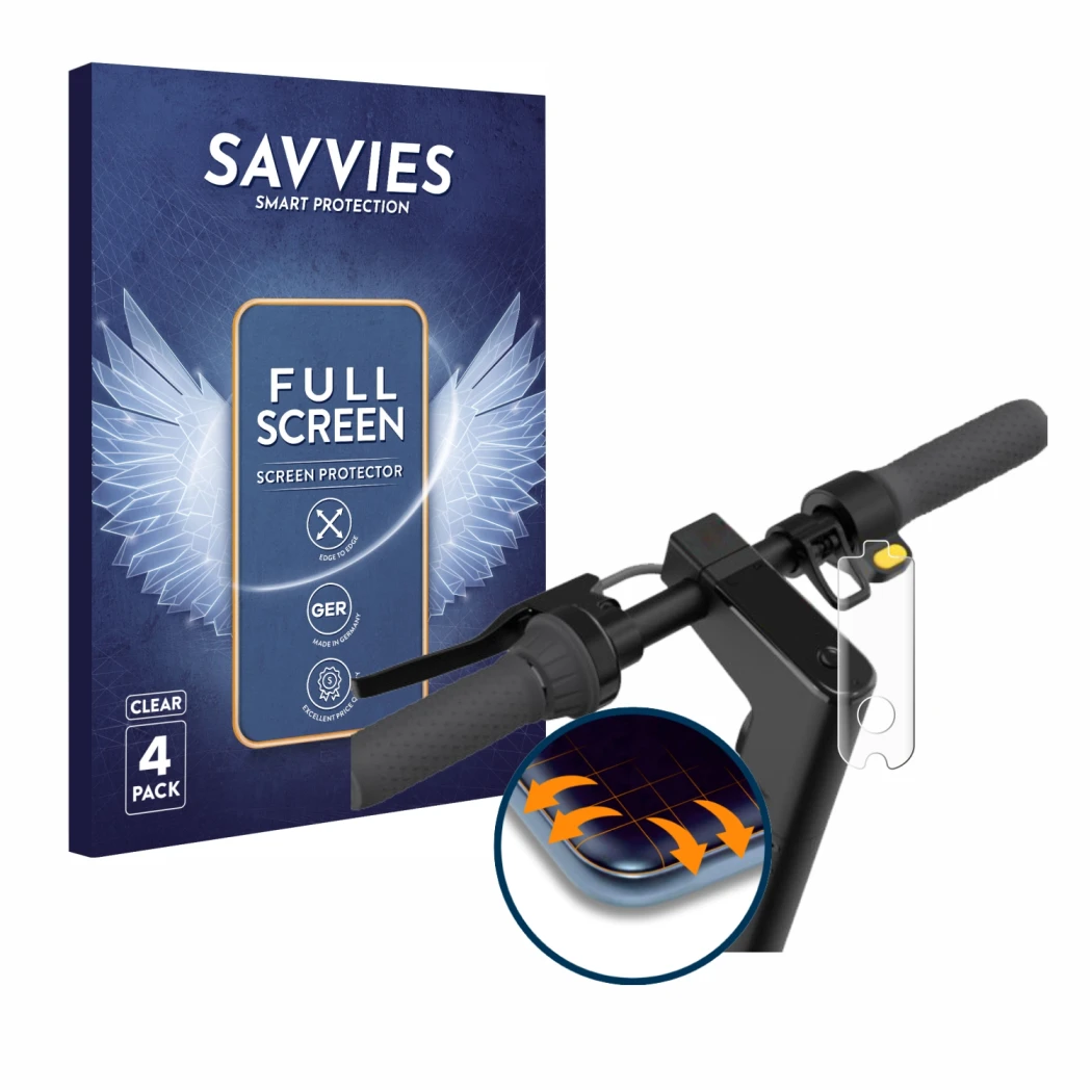 Parte frontal de un envase de producto con el logotipo de la marca Savvies. Al lado se muestra el dispositivo Segway Ninebot K