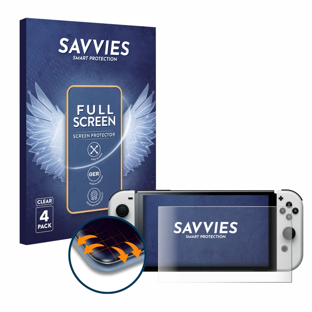 Parte frontal de un envase de producto con el logotipo de la marca Savvies. Al lado se muestra el dispositivo Nintendo Switch 