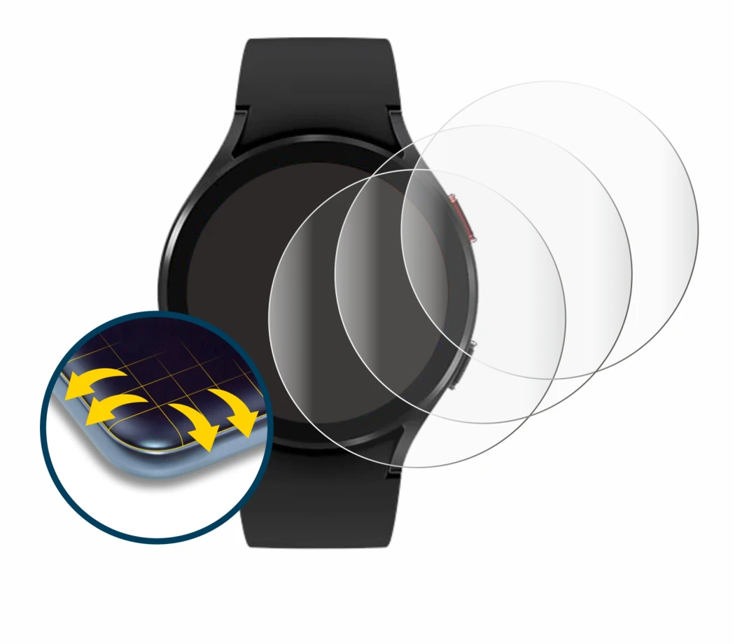 Imagen del dispositivo Samsung Galaxy Watch 4 (44mm) con una amplia variedad de protectores de pantalla.