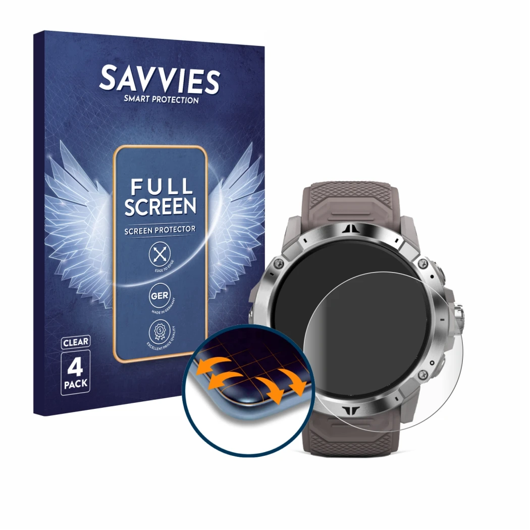 Parte frontal de un envase de producto con el logotipo de la marca Savvies. Al lado se muestra el dispositivo Coros Vertix 2 c