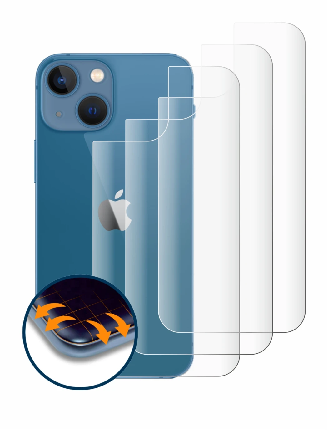 Imagen del dispositivo Apple iPhone 13 mini (Trasero) con una amplia variedad de protectores de pantalla.