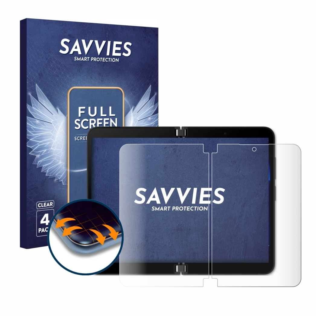 Parte frontal de un envase de producto con el logotipo de la marca Savvies. Al lado se muestra el dispositivo Microsoft Surfac