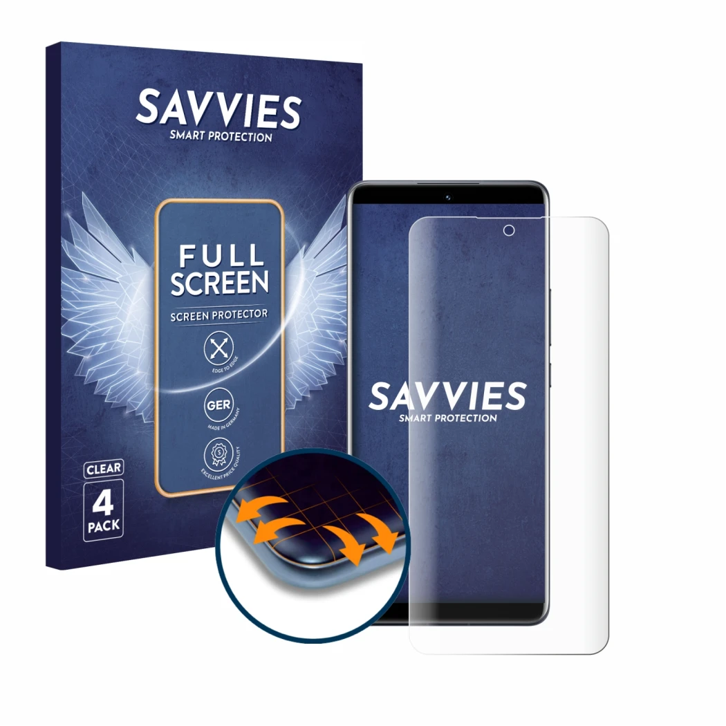 Parte frontal de un envase de producto con el logotipo de la marca Savvies. Al lado se muestra el dispositivo Xiaomi 12 Pro co