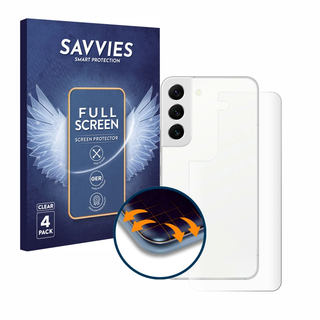 Parte frontal de un envase de producto con el logotipo de la marca Savvies. Al lado se muestra el dispositivo Samsung Galaxy S