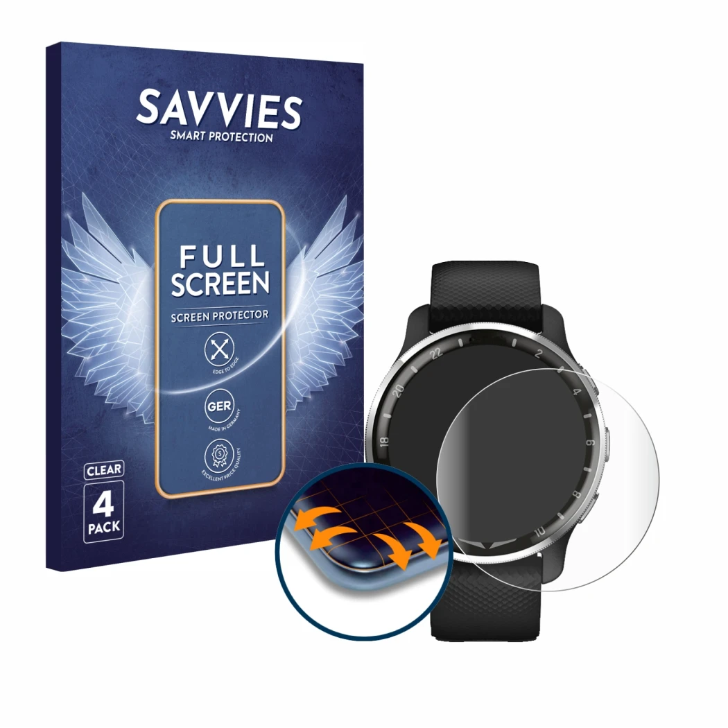 Parte frontal de un envase de producto con el logotipo de la marca Savvies. Al lado se muestra el dispositivo Garmin D2 Air X1