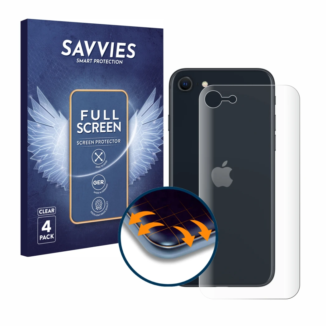 Parte frontal de un envase de producto con el logotipo de la marca Savvies. Al lado se muestra el dispositivo Apple iPhone SE 