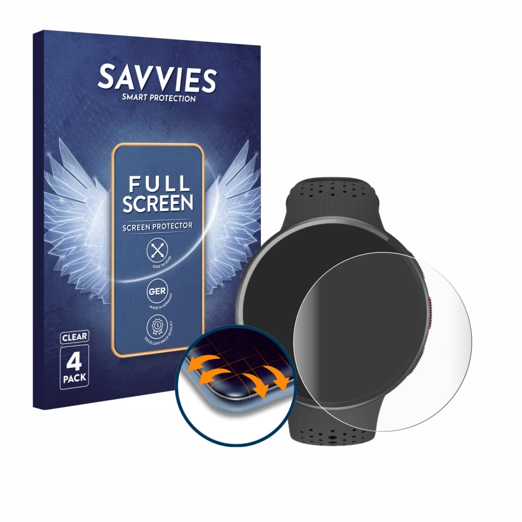 Parte frontal de un envase de producto con el logotipo de la marca Savvies. Al lado se muestra el dispositivo Polar Pacer Pro 