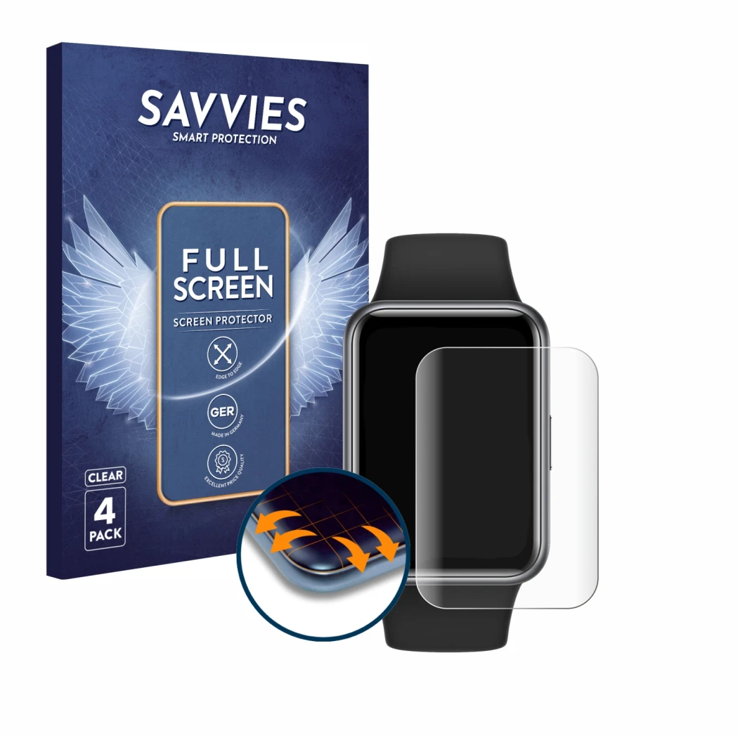 Parte frontal de un envase de producto con el logotipo de la marca Savvies. Al lado se muestra el dispositivo Huawei Watch Fit