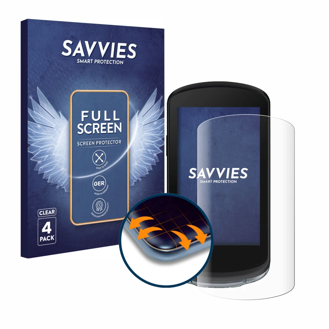 Parte frontal de un envase de producto con el logotipo de la marca Savvies. Al lado se muestra el dispositivo Garmin Edge 1040