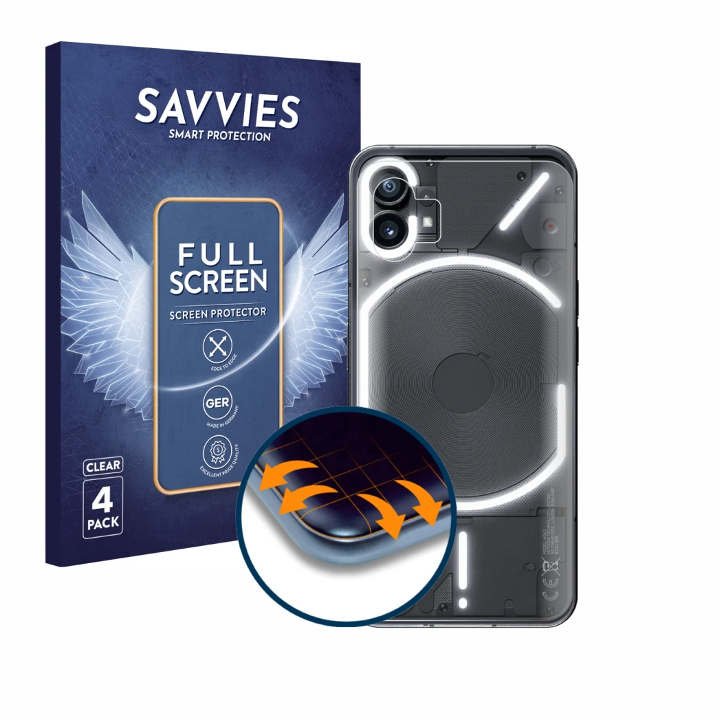 Parte frontal de un envase de producto con el logotipo de la marca Savvies. Al lado se muestra el dispositivo Nothing Phone (1