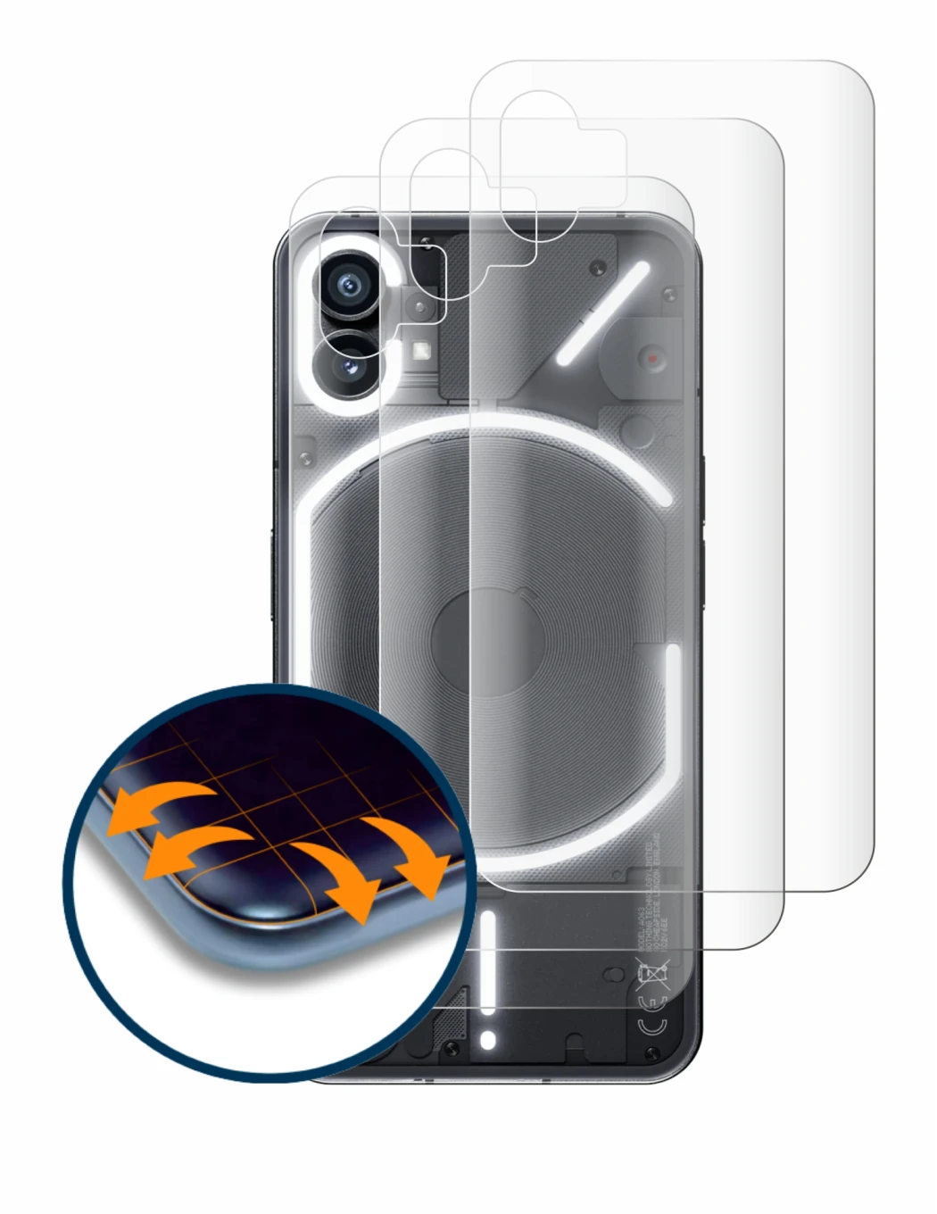 Imagen del dispositivo Nothing Phone (1) (Trasero) con una amplia variedad de protectores de pantalla.