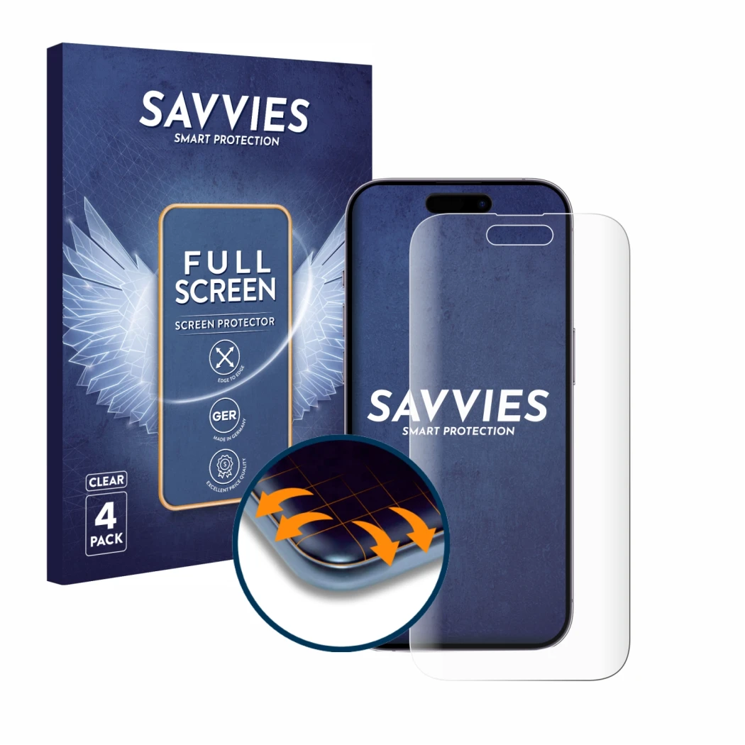 Parte frontal de un envase de producto con el logotipo de la marca Savvies. Al lado se muestra el dispositivo Apple iPhone 14 