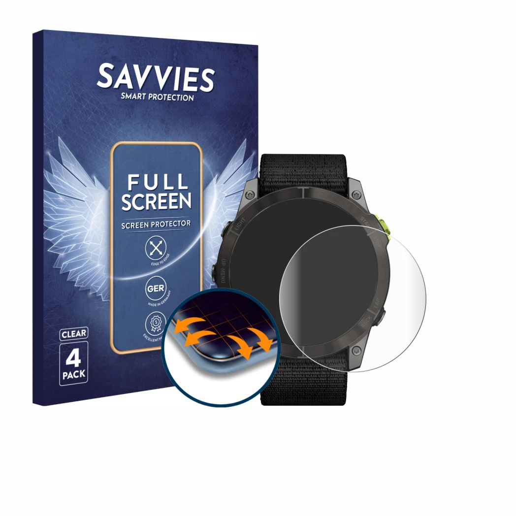 Parte frontal de un envase de producto con el logotipo de la marca Savvies. Al lado se muestra el dispositivo Garmin Enduro 2 