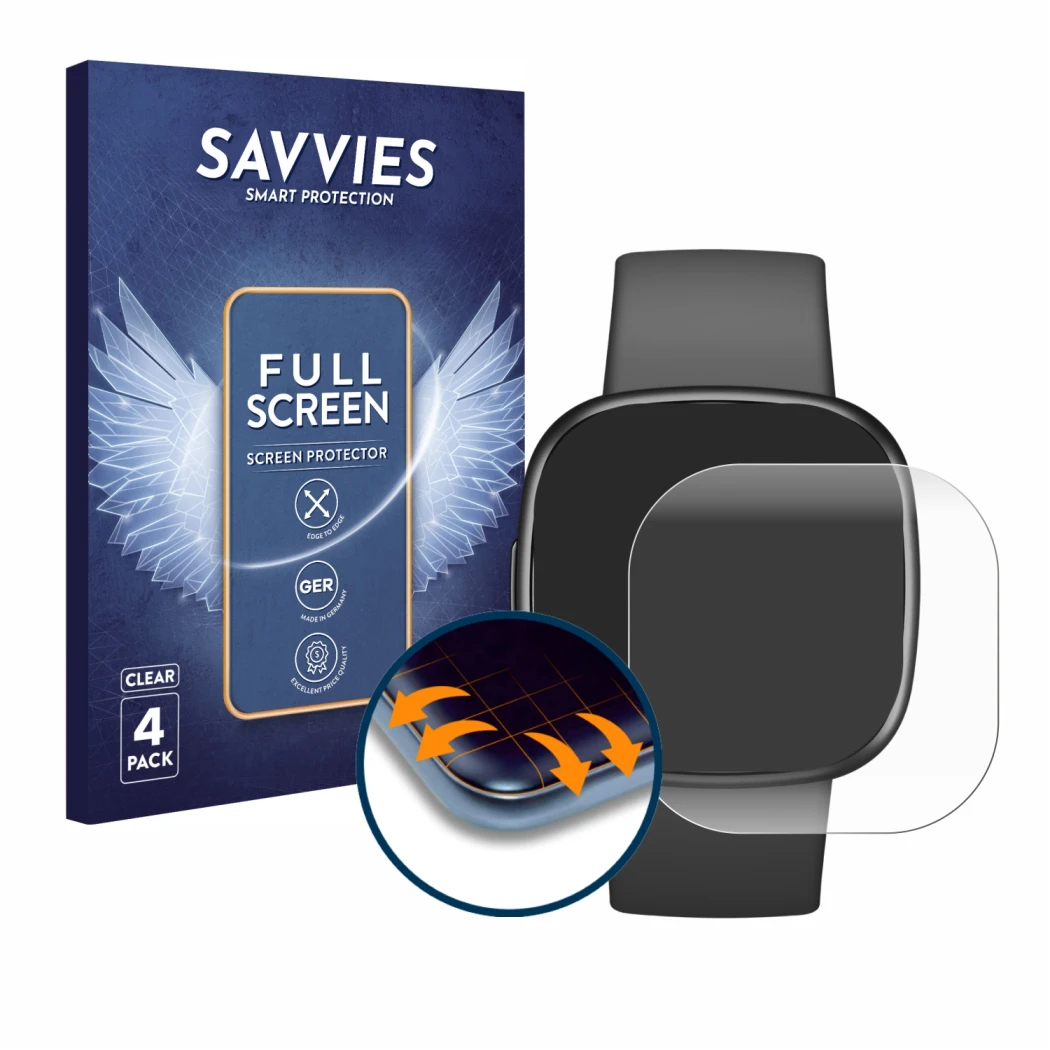 Parte frontal de un envase de producto con el logotipo de la marca Savvies. Al lado se muestra el dispositivo Fitbit Sense 2 c