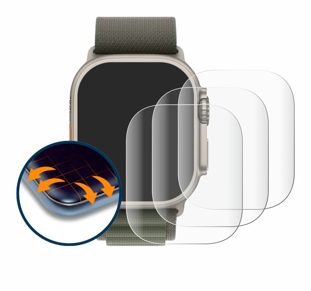 Imagen del dispositivo Apple Watch Ultra (49 mm) con una amplia variedad de protectores de pantalla.