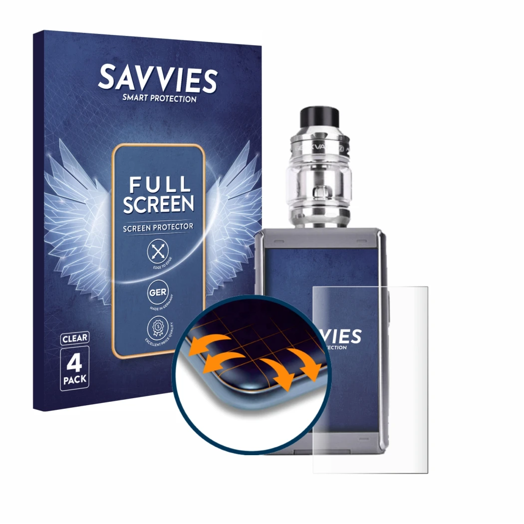 Parte frontal de un envase de producto con el logotipo de la marca Savvies. Al lado se muestra el dispositivo GeekVape T200 co