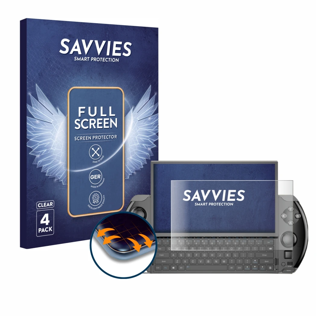Parte frontal de un envase de producto con el logotipo de la marca Savvies. Al lado se muestra el dispositivo GPD Win 4 con su