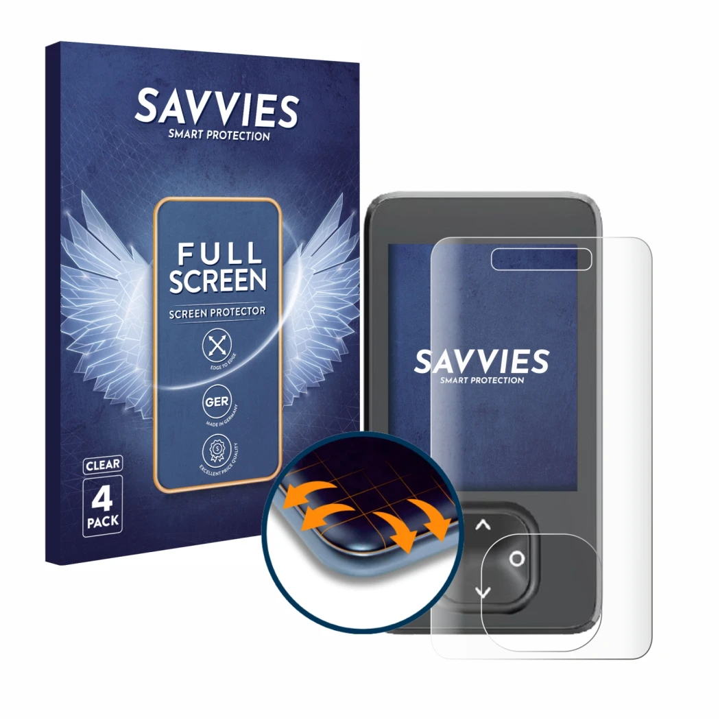 Parte frontal de un envase de producto con el logotipo de la marca Savvies. Al lado se muestra el dispositivo Dexcom G7 CGM co