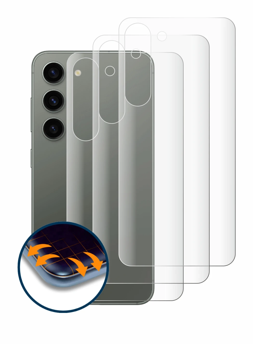 Imagen del dispositivo Samsung Galaxy S23 (Trasero) con una amplia variedad de protectores de pantalla.