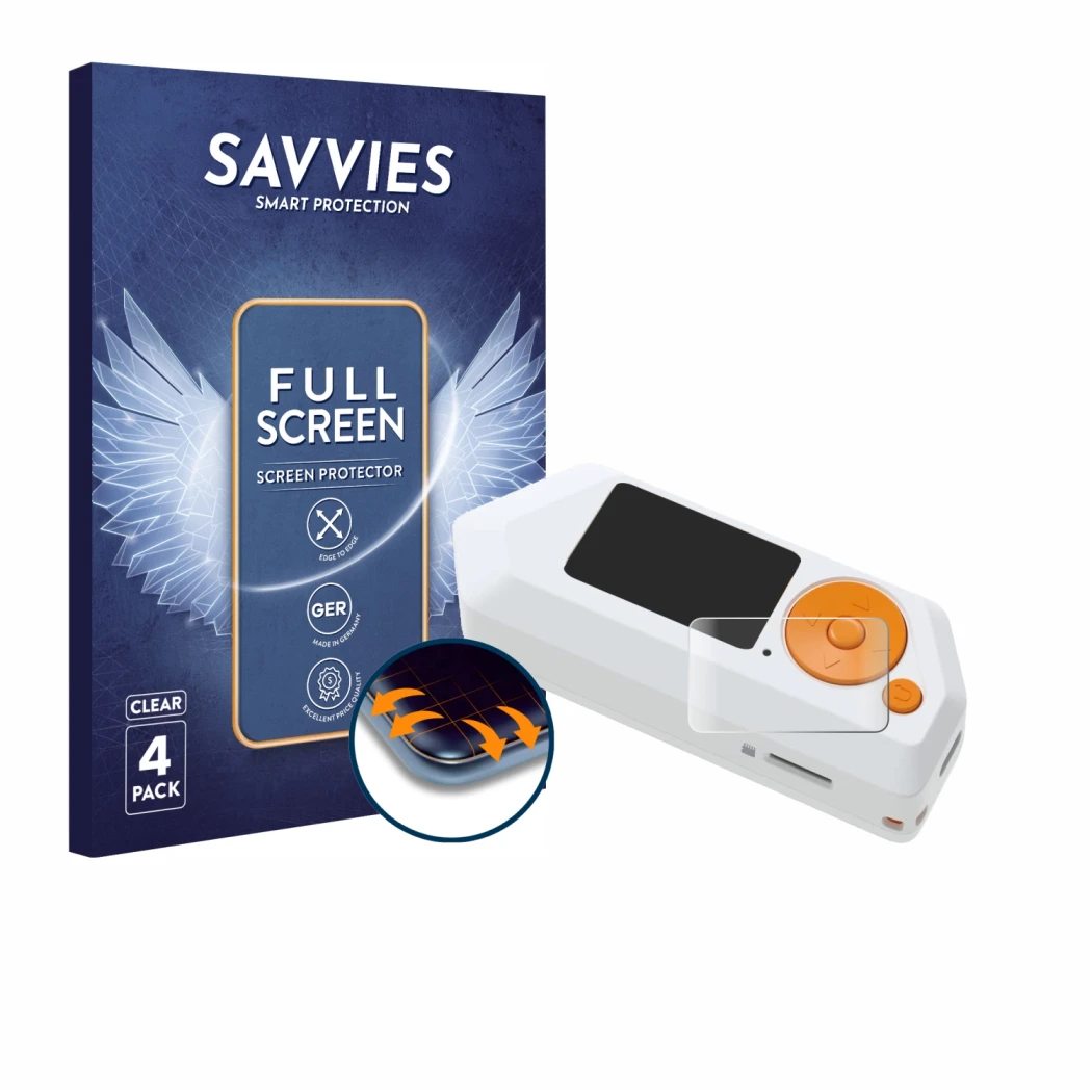 Parte frontal de un envase de producto con el logotipo de la marca Savvies. Al lado se muestra el dispositivo Flipper Zero FZ.