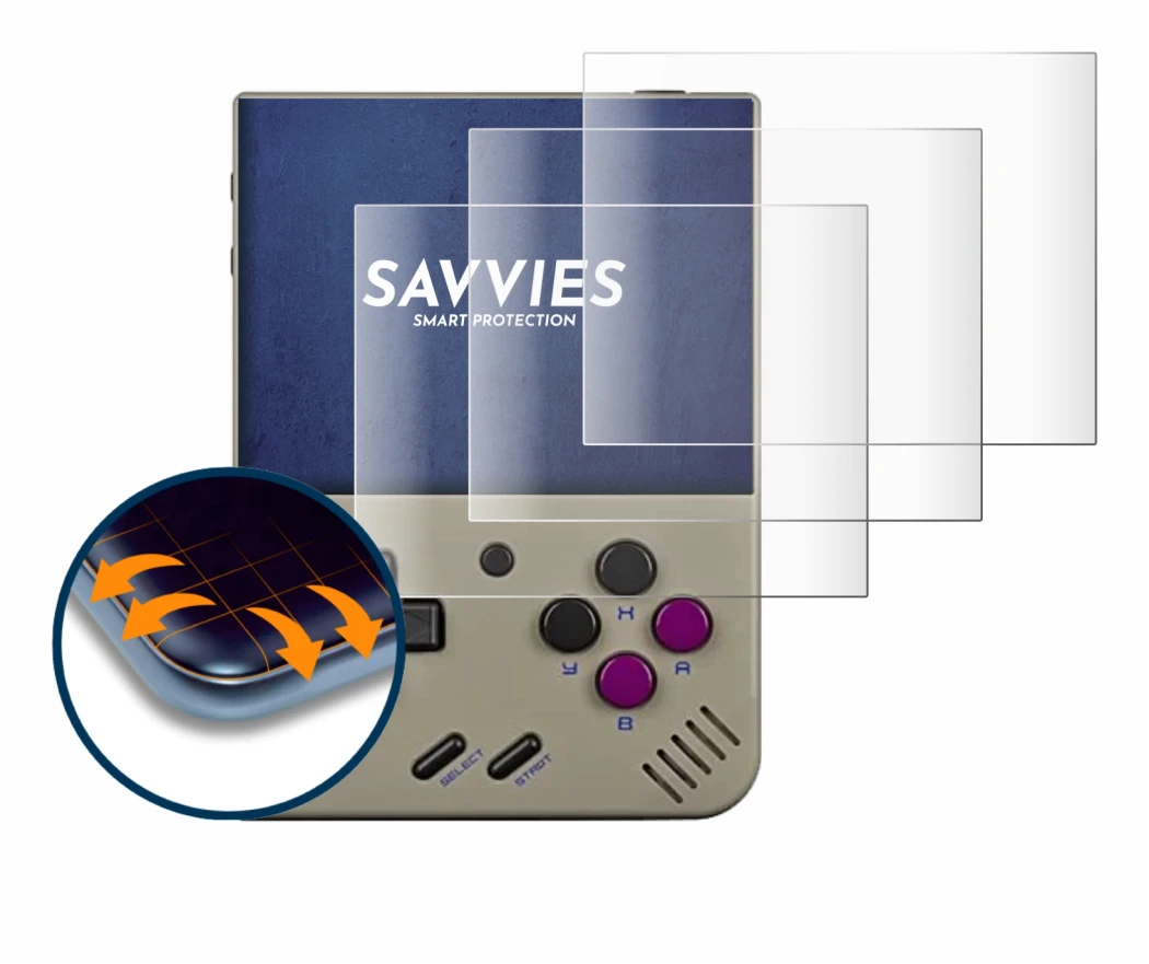 Imagen del dispositivo Miyoo Mini Plus con una amplia variedad de protectores de pantalla.