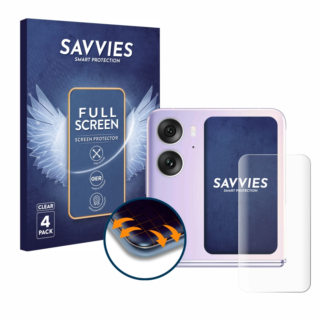 Parte frontal de un envase de producto con el logotipo de la marca Savvies. Al lado se muestra el dispositivo Oppo Find N2 Fli