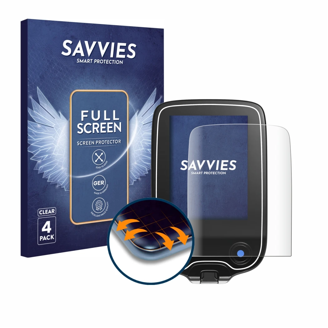 Parte frontal de un envase de producto con el logotipo de la marca Savvies. Al lado se muestra el dispositivo Freestyle Libre 