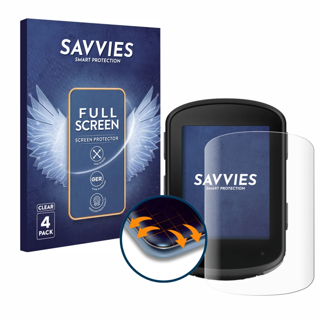 Parte frontal de un envase de producto con el logotipo de la marca Savvies. Al lado se muestra el dispositivo Garmin Edge 540 