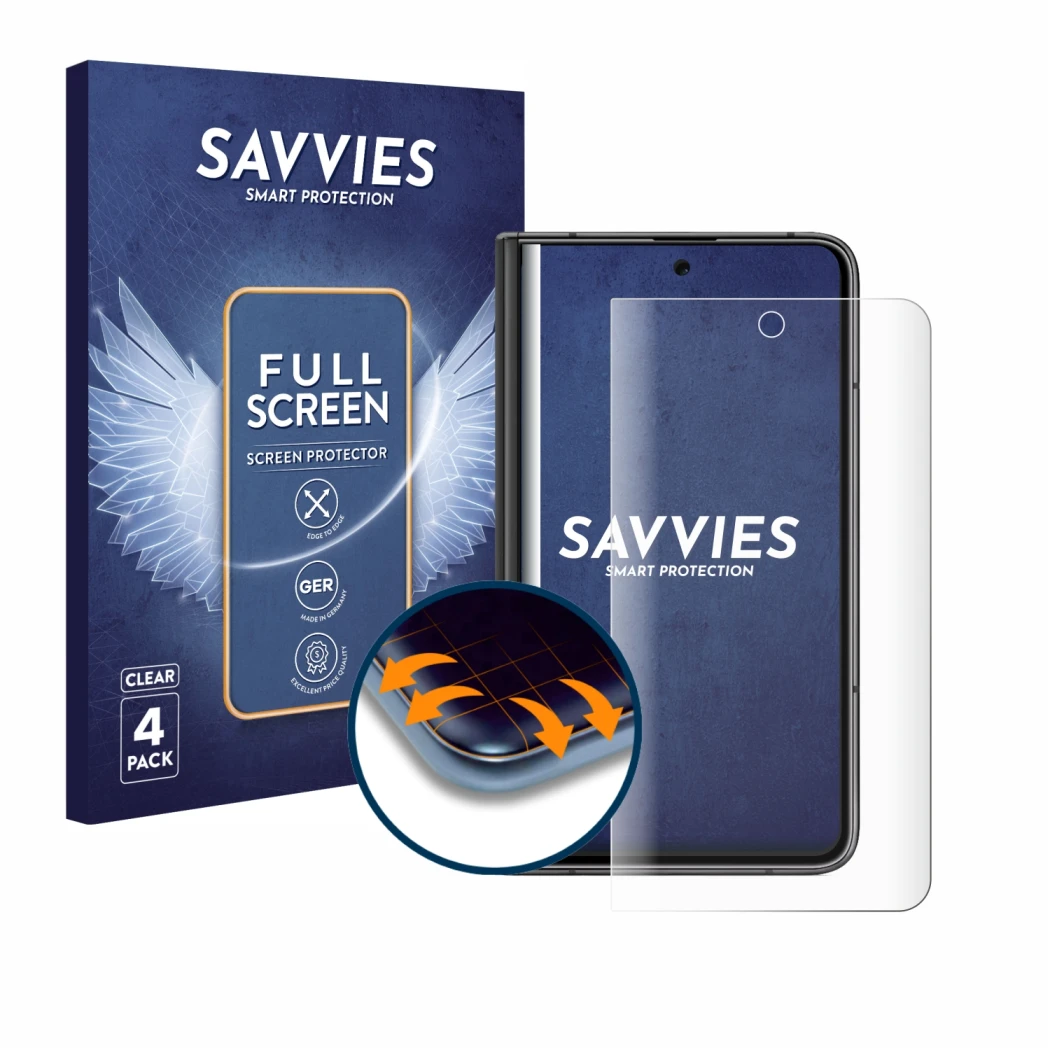 Parte frontal de un envase de producto con el logotipo de la marca Savvies. Al lado se muestra el dispositivo Google Pixel Fol