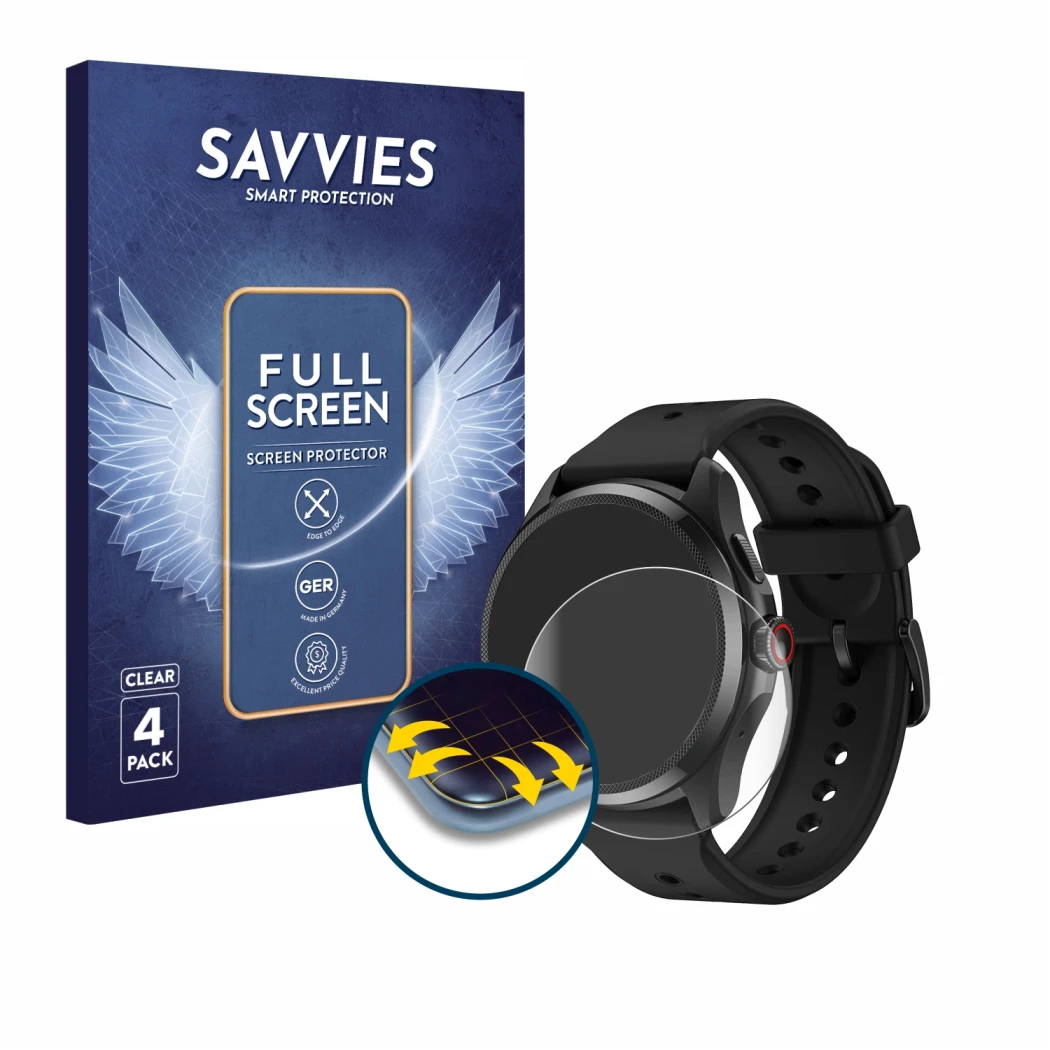 Parte frontal de un envase de producto con el logotipo de la marca Savvies. Al lado se muestra el dispositivo Mobvoi TicWatch 